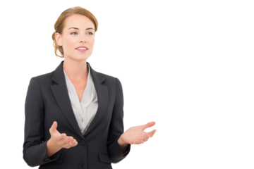 Businesswoman in black suit gesturing and smiling isolated