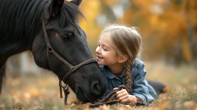 Caucasian child girl lying on ground smiling while holding horse reins horse nuzzling her face outdoor autumn setting joyful interaction between young girl and animal child pon