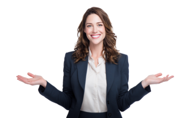 Smiling businesswoman in suit with open hands isolated
