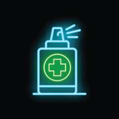 Obraz premium Glowing neon line medical bottle with nozzle spraying icon isolated on black background