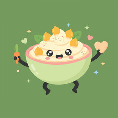 A cartoon bowl of hummus with a happy face, arms, and legs, holding a carrot and a heart on a green background with hearts and stars.