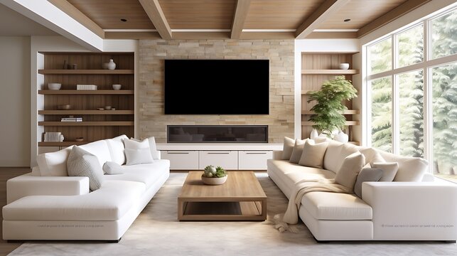 high-quality, modern, open-concept living room, wooden beams, built-in shelving, large windows, plush white sofas, wooden coffee table, minimalist decor, natural lighting, peaceful ambiance, cozy and  - Powered by Adobe