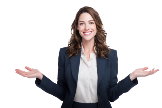 Smiling businesswoman in suit with open hands isolated