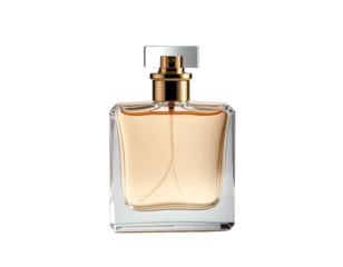 Perfume bottle with gold and silver accents on a transparent rectangular shape