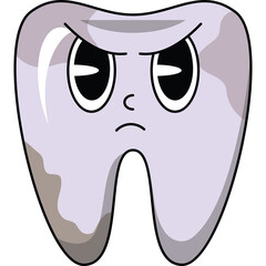 Grumpy Cartoon Tooth Illustration with Dark Spots and White Background