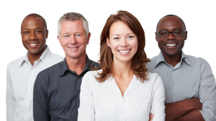 Smiling diverse group of four business professionals with transparent background