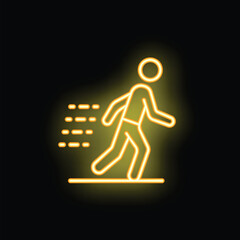 Bright yellow neon sign of a person running fast on a black background