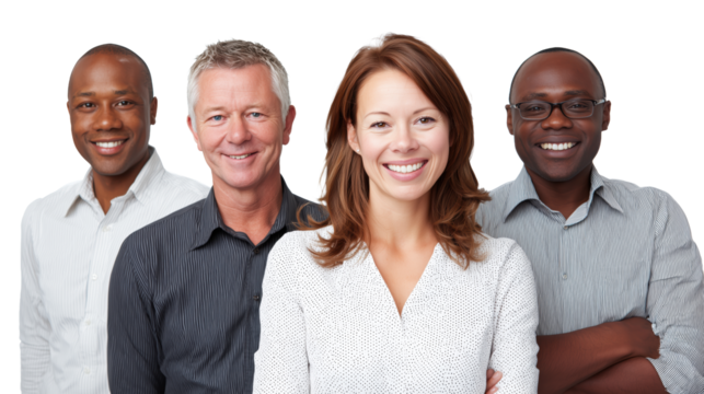 Smiling diverse group of four business professionals with transparent background