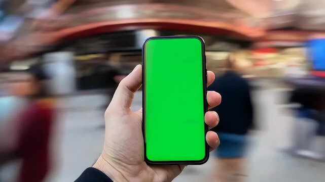 Smartphone Displaying Green Screen in Urban Environment: A Hand Holding a Phone with a Bright Green Background Against a Blurred Cityscape