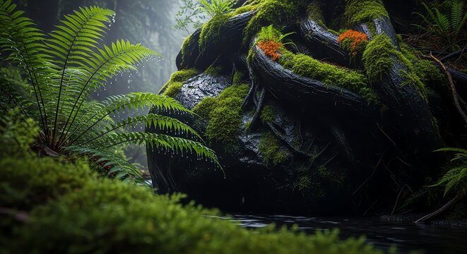 Lush green ferns and mosses cover ancient rocks in a misty damp forest setting