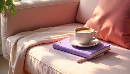Aesthetic flat lay of purple books and a coffee cup on a sofa. Minimalist and cozy style, ideal for lifestyle, reading, and relaxation concepts.