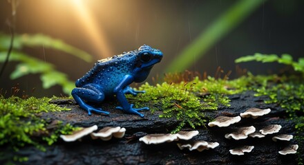 Vibrant blue poison dart frog perched on mossy log in lush rainforest with sunbeams