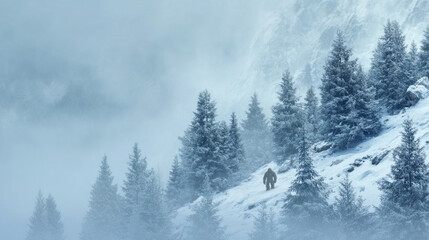 Mysterious bigfoot monster walking in snowy mountain forest. sasquatch yeti creature wanders through cold winter fog and wilderness