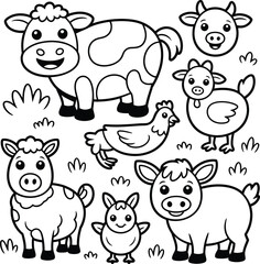 Obraz premium Cute cartoon farm animals coloring page illustration for kids fun