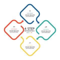 A colorful infographic template featuring a four-step process in a looping, cyclical, diamond shape with numbered, diagonally oriented squares. Vector illustration.