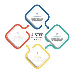 A colorful infographic template featuring a four-step process in a looping, cyclical, diamond shape with numbered, diagonally oriented squares. Vector illustration.