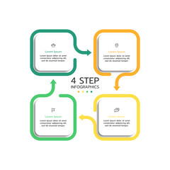 A cyclical infographic template showcasing a four-step process with interconnected green and yellow rounded square elements. Vector illustration.
