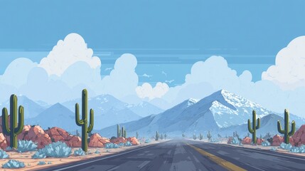 Pixel art desert road cacti frame mountains Clouds fill the sky