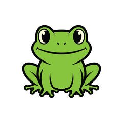 Cute Green Cartoon Frog Sitting Facing Forward.