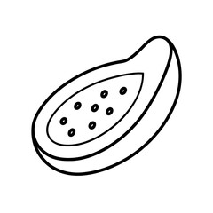 Outline drawing of a papaya fruit with black seeds on transparent background
