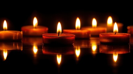 Seven lit candles with flames reflected on a wet surface in a dark setting