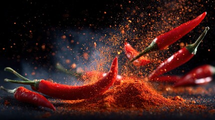 Several red chili peppers surrounded by flying orange powder on a dark background
