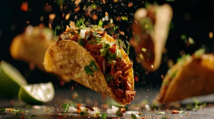 Several tacos levitate with various toppings against a dark backdrop Lime slice visible