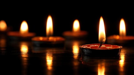 Several tea light candles are lit casting a warm glow across a dark reflective surface