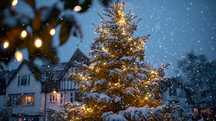 Snow falls on a lit Christmas tree with snowcovered branches outside a building with lights in the windows