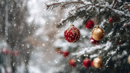Snowcovered evergreen branch with red and gold ornaments in a snowy outdoor setting