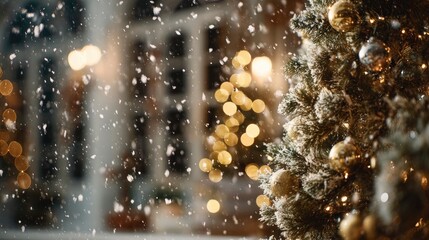 Snow falls on a decorated Christmas tree ornaments glimmer amid blurred lights