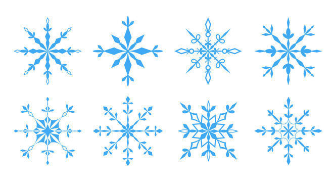 Set openwork snowflakes on white background. Icon set. Symbol cold or frost. Holiday element.