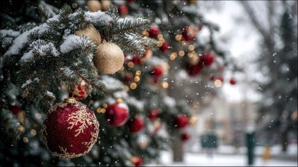 Snowladen fir branch adorned with gold and red baubles bokeh lights and falling snow