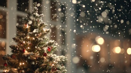 Snowy Christmas tree with red ornaments and lights soft focus background