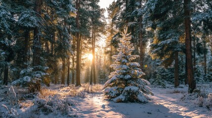 Snowy forest with a sunlit tree ground blanketed in snow