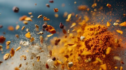 Spices and herbs exploding with airborne particles and ground powder against a dark background