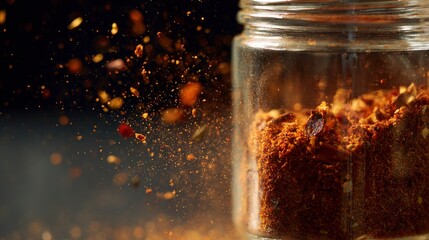 Spice jar with scattered chili flakes dark background macro shot