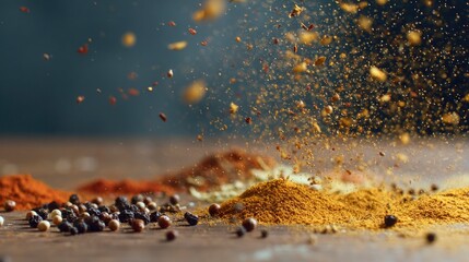 Spices pepper powders scattered on a wooden surface against a dim background