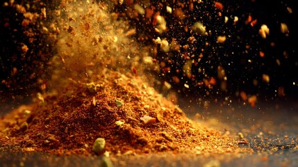 Spices scatter upwards in a dark setting forming a brown mound
