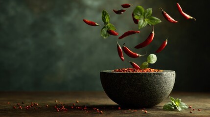 Still life shows a granite bowl filled with red pepper flakes surrounded by falling chili peppers and basil leaves