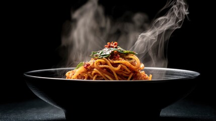 Steaming noodles in black bowl garnished with leafy greens on dark backdrop