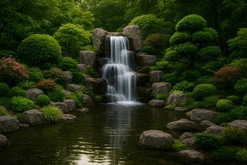 Obraz premium Powerful Multi-Level Waterfall in a Serene, Lush Japanese-Style Garden with Sculpted Pines