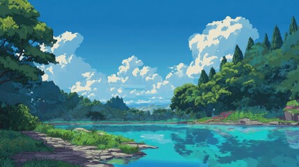 Tranquil scene with a lake lush trees and a vibrant blue sky with fluffy white clouds