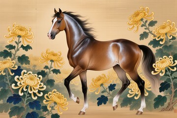 Gongbi-style painting in the high court style, depicting a highly detailed noble horse standing among blooming golden chrysanthemums