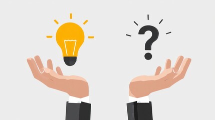 Two hands present a lit lightbulb and a question mark set on a grey background