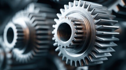 Two metal gears one in sharp focus with visible teeth and central hole the other blurred in the background