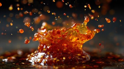 Viscous amber splash suspended midair flecked with red particles against a dark background