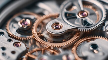 Watch mechanism complex array of golden gears screws  violet jeweled pivots