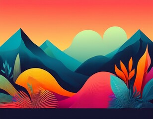 contemporary art landscape with mountains decorative plants and minimalist graphic design in bold gradient colors n generative ai