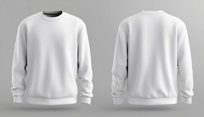 White Sweatshirt Mockup Template: Front And Back View Of Long-Sleeved Jumper For Print Presentation And T-Shirt Design. Blank Clothing Sweater Mockup.